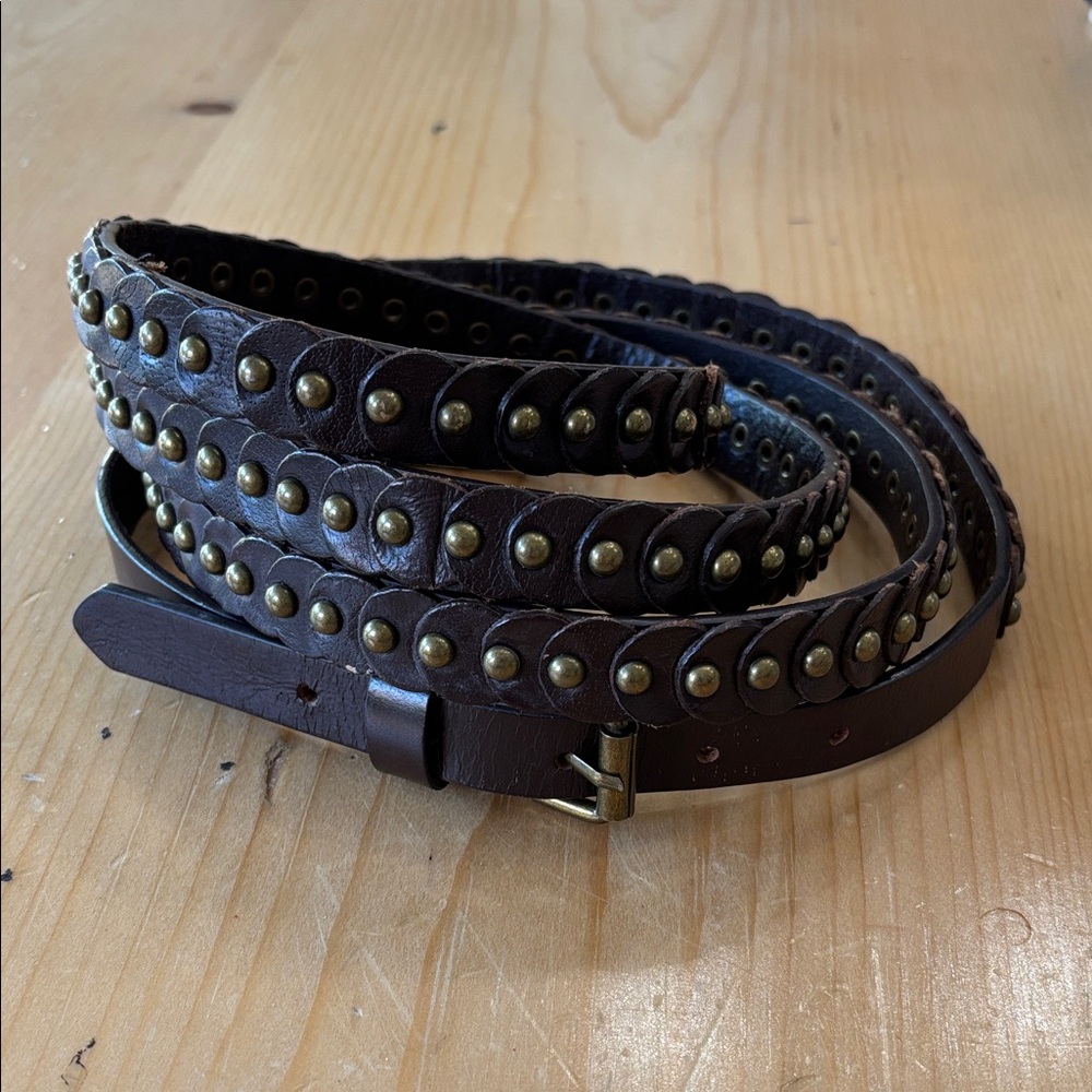 Double Studded Brown Leather Wrap Belt by Elise M. 32”-36” Waist